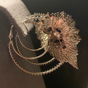 Vintage Silver tone Huge hoop dangling pierced Earrings with leaf with beads